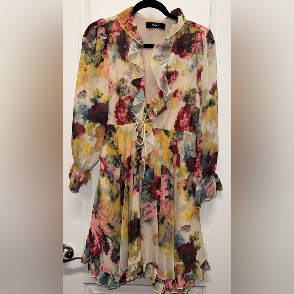 NWOT O.P.T. Women's Yellow Floral Print V-Neck Ruffles Mini Dress Size M